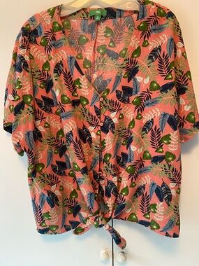 Coral Tropical Tie-Front Button Shirt with Green and Navy Leaf Print